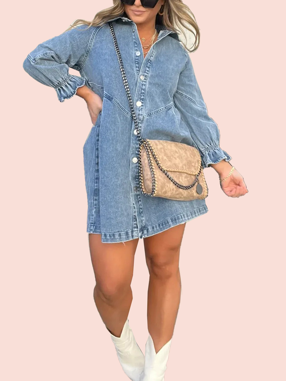 Women's Washed Denim Puff Sleeve Dress