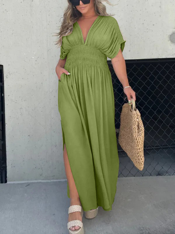 New Slit V-Neck Effortless Maxi Long Dress
