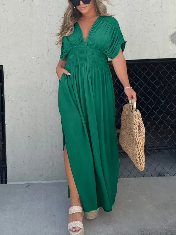 New Slit V-Neck Effortless Maxi Long Dress