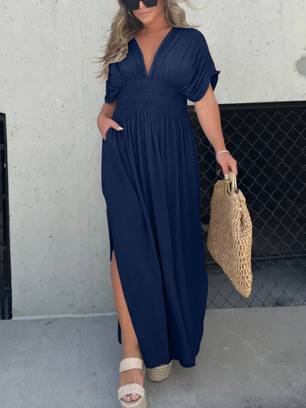 New Slit V-Neck Effortless Maxi Long Dress