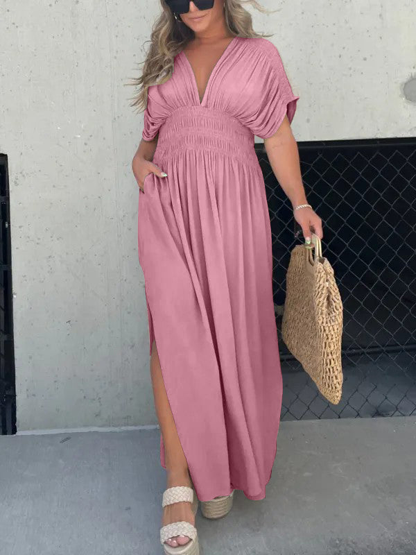 New Slit V-Neck Effortless Maxi Long Dress