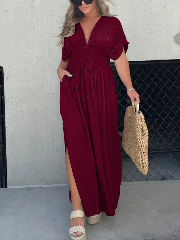New Slit V-Neck Effortless Maxi Long Dress