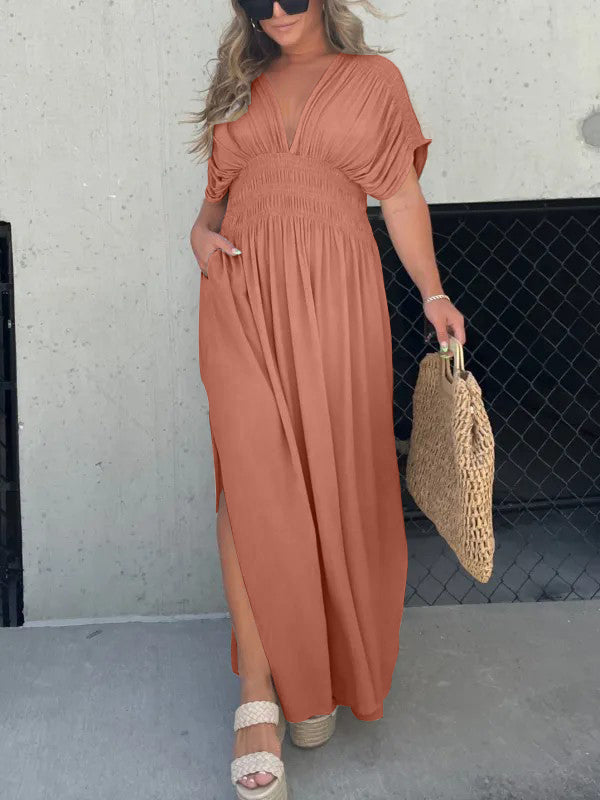 New Slit V-Neck Effortless Maxi Long Dress