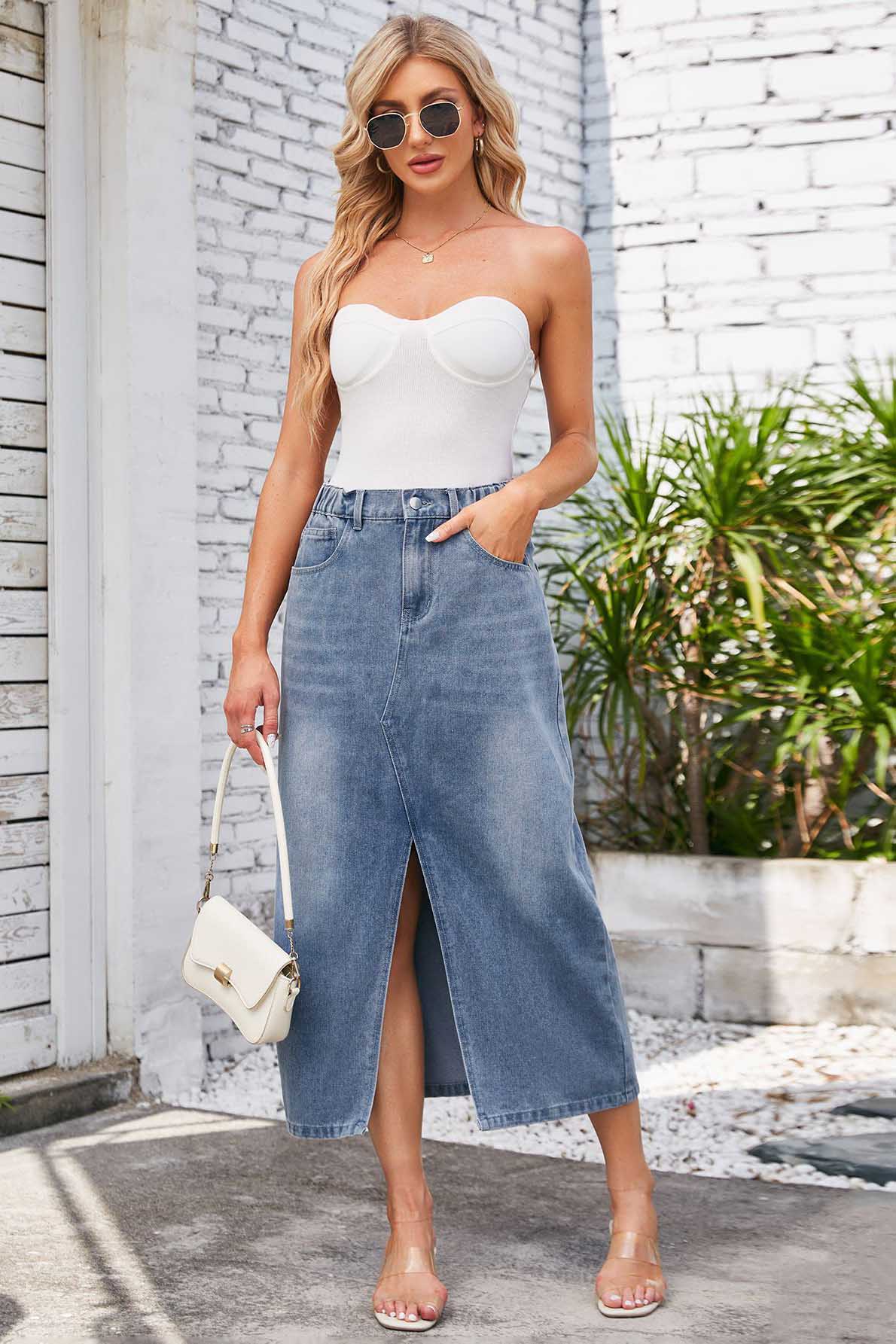 Washed Elastic Waist Denim Midi Skirt