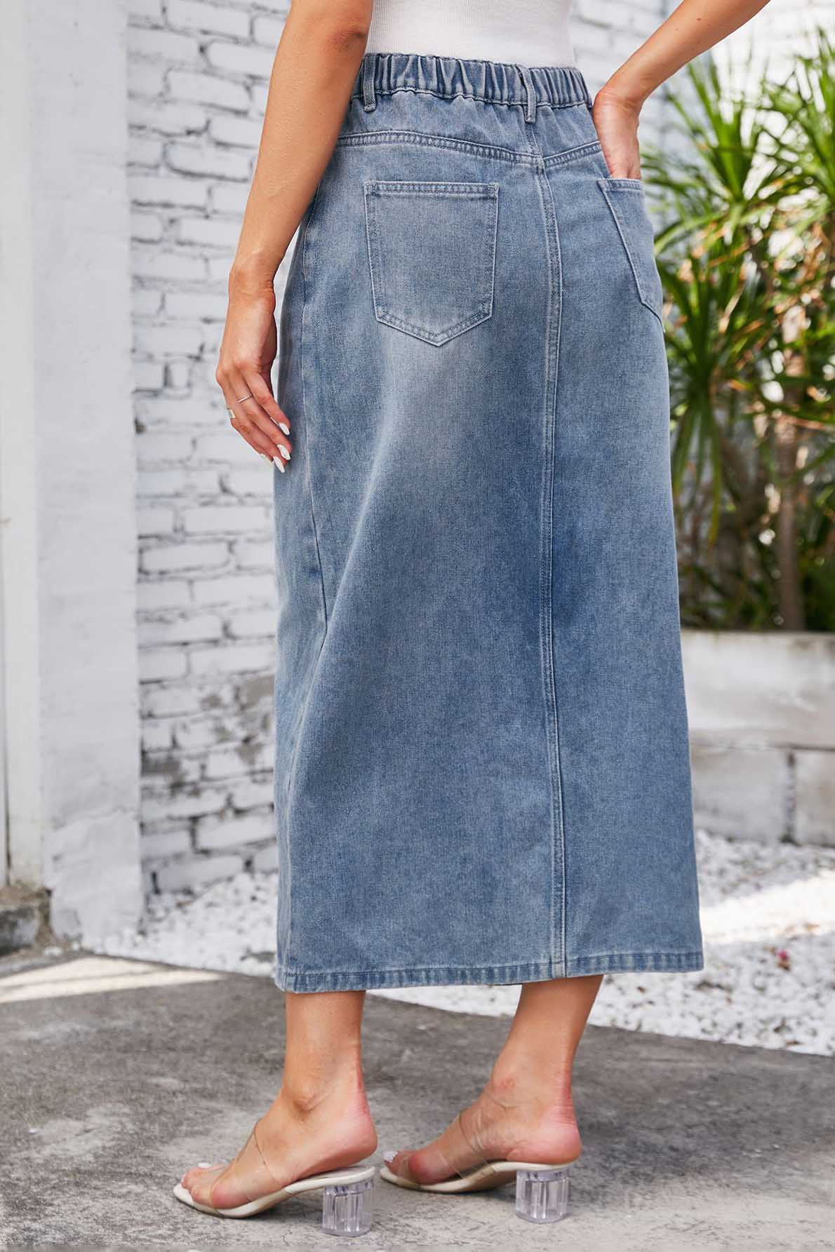Washed Elastic Waist Denim Midi Skirt