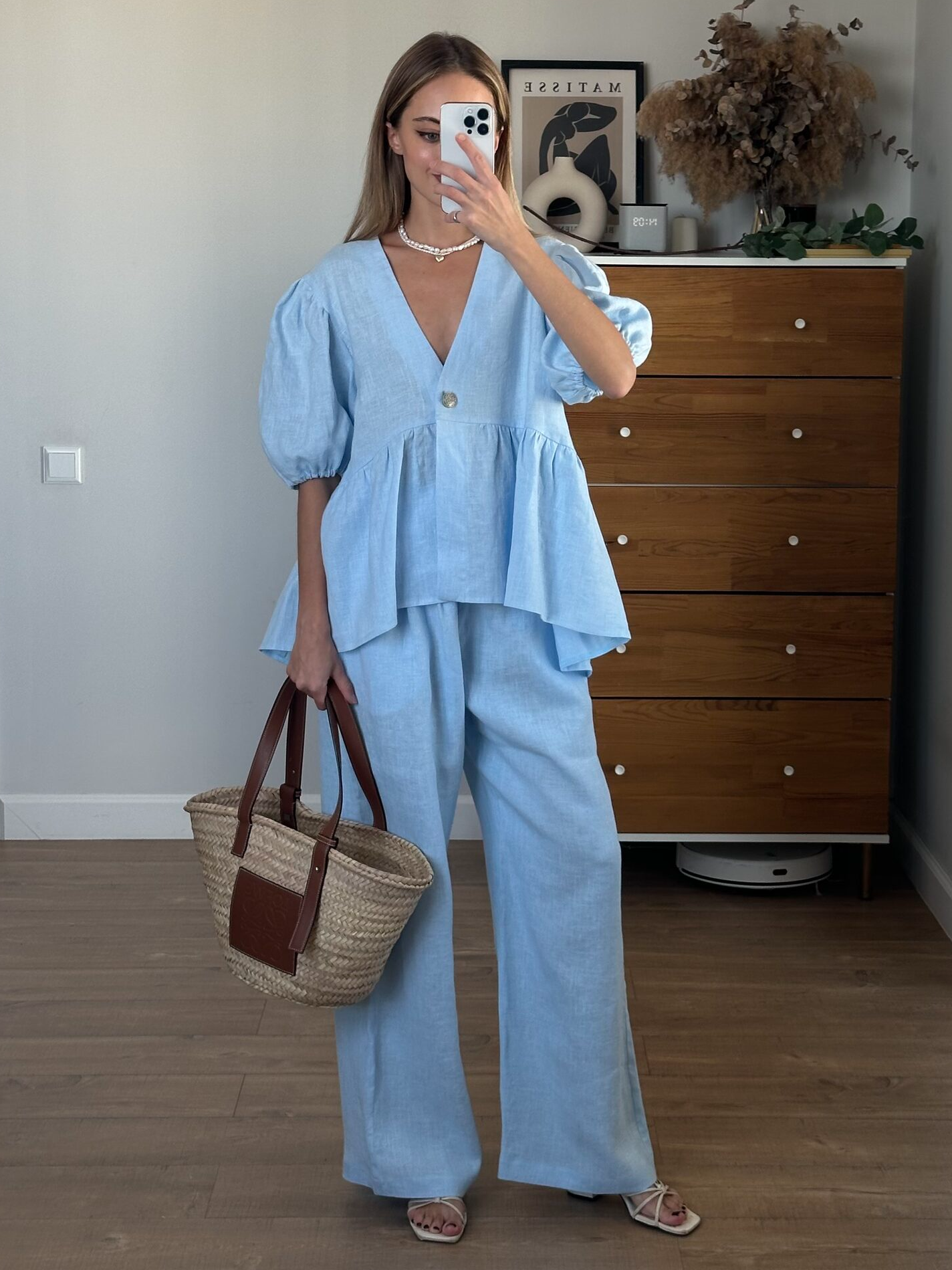 Linen Ruffled Bubble Sleeve Two-piece Set