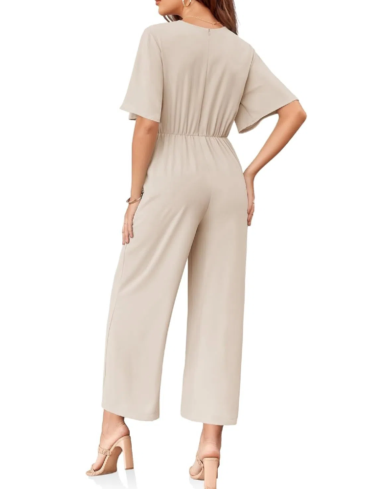 Women's V Neck Tie Knot Front Wide Leg Jumpsuits