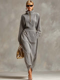 Exquisite Casual Lapel Front Zipper Long Sleeve Light Gray Waffle Fabric Maxi Dress