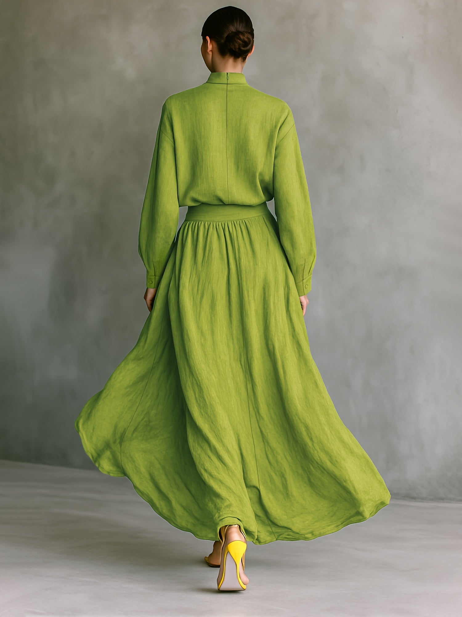 Autumn/Winter New Loose-Fit Comfortable High-Neck Long-Sleeve T-Shirt with High-Waist A-Line Pleated Straight Flared Maxi Skirt, Simple Casual Niche Workwear Vacation Versatile Top and Skirt Set