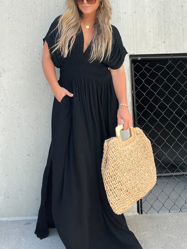 New Slit V-Neck Effortless Maxi Long Dress