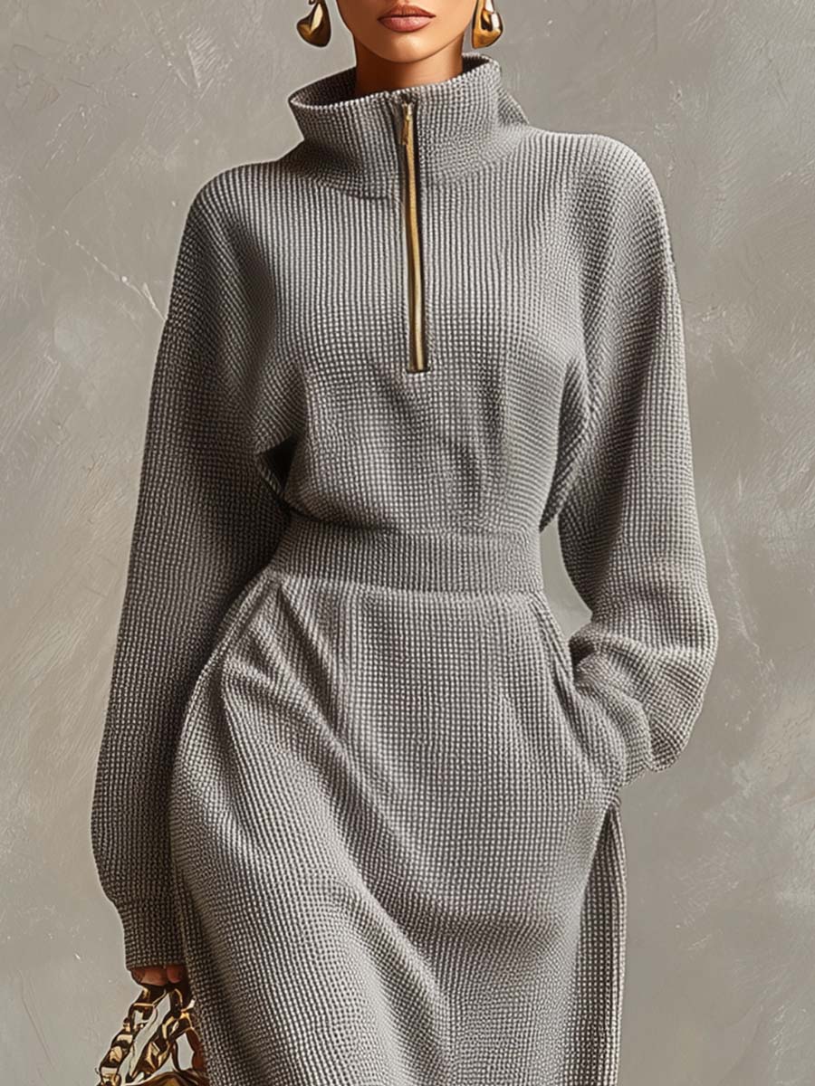 Exquisite Casual Lapel Front Zipper Long Sleeve Light Gray Waffle Fabric Maxi Dress