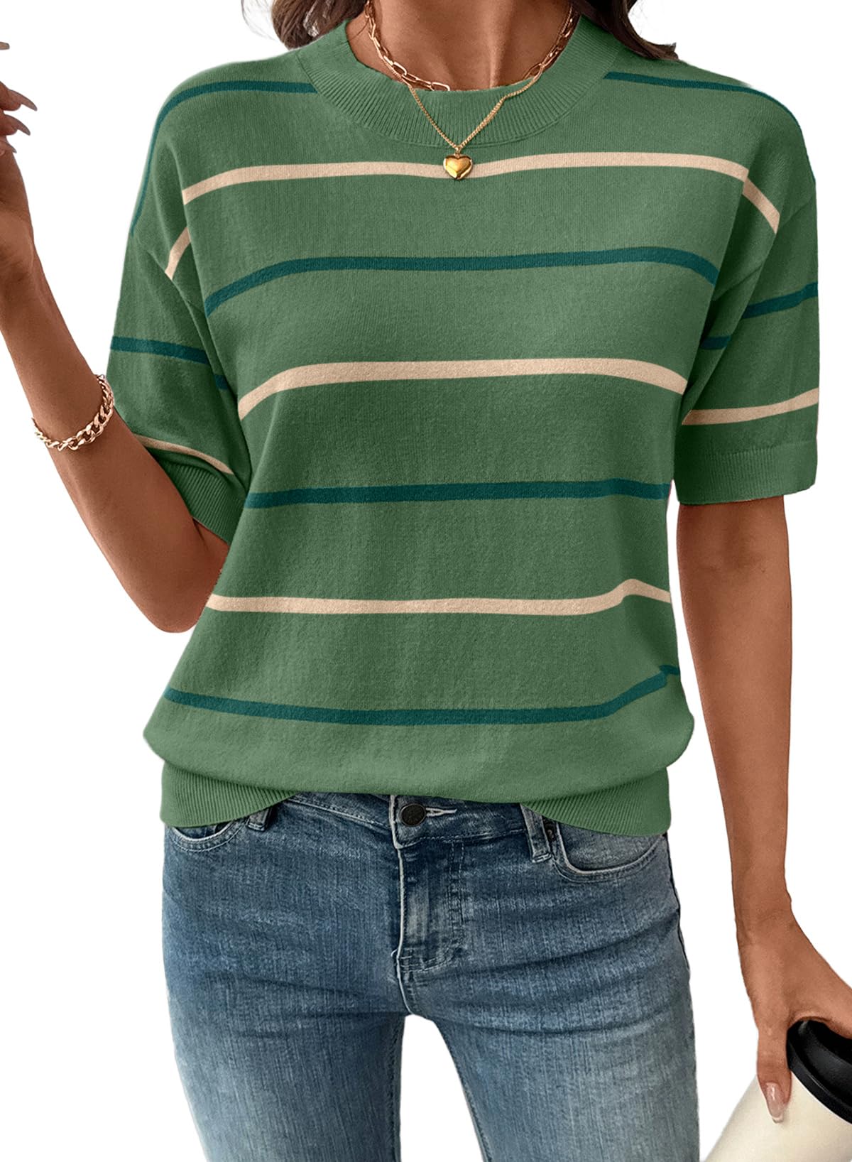 Women's  Crewneck Short Sleeve Knit Striped Tops