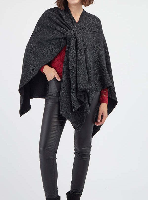Iridescente effen poncho om te knopen - Zwart