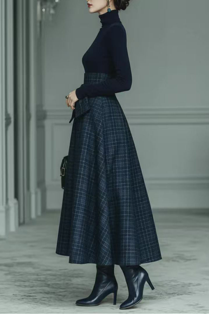 Dark Blue Turtleneck Stretch Top And Plaid Skirt Set