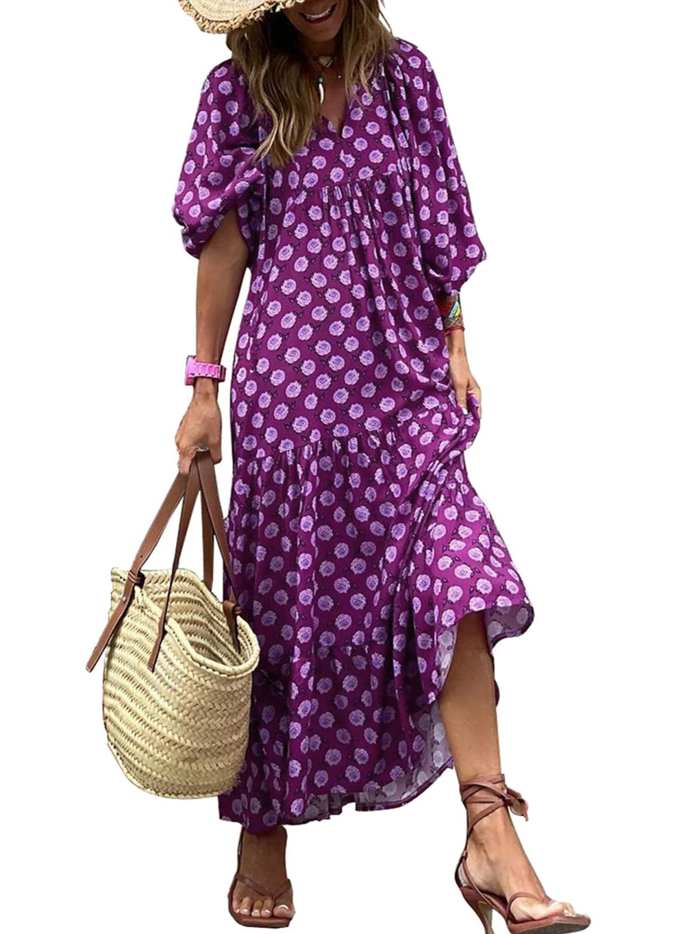 Women's Puff Sleeve Floral Boho Maxi Dress