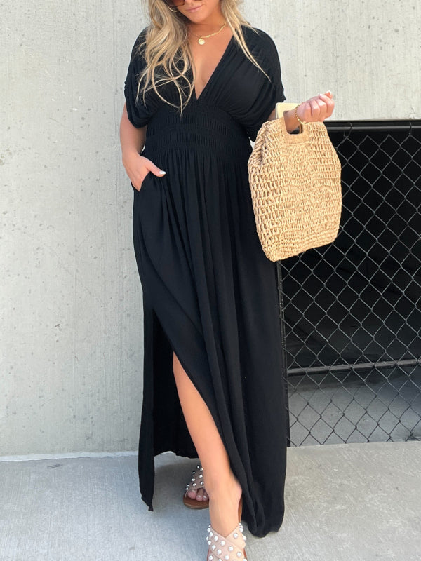 New Slit V-Neck Effortless Maxi Long Dress