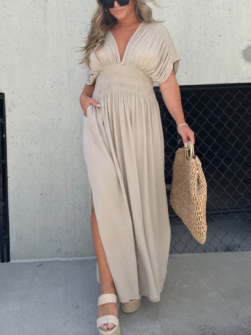 New Slit V-Neck Effortless Maxi Long Dress