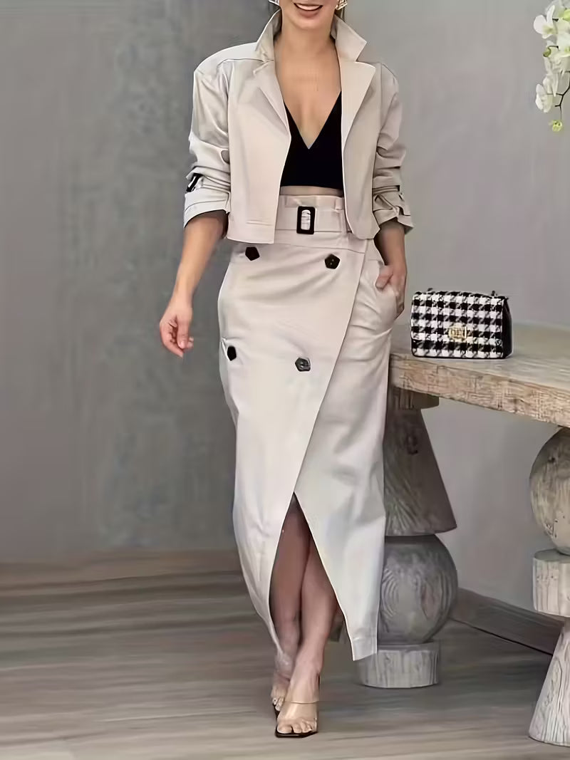 Kyra| V-Neck Blouse &amp; Skirt Two-Piece Set