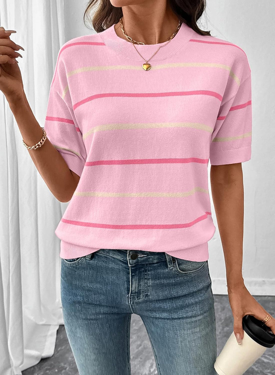 Women's  Crewneck Short Sleeve Knit Striped Tops