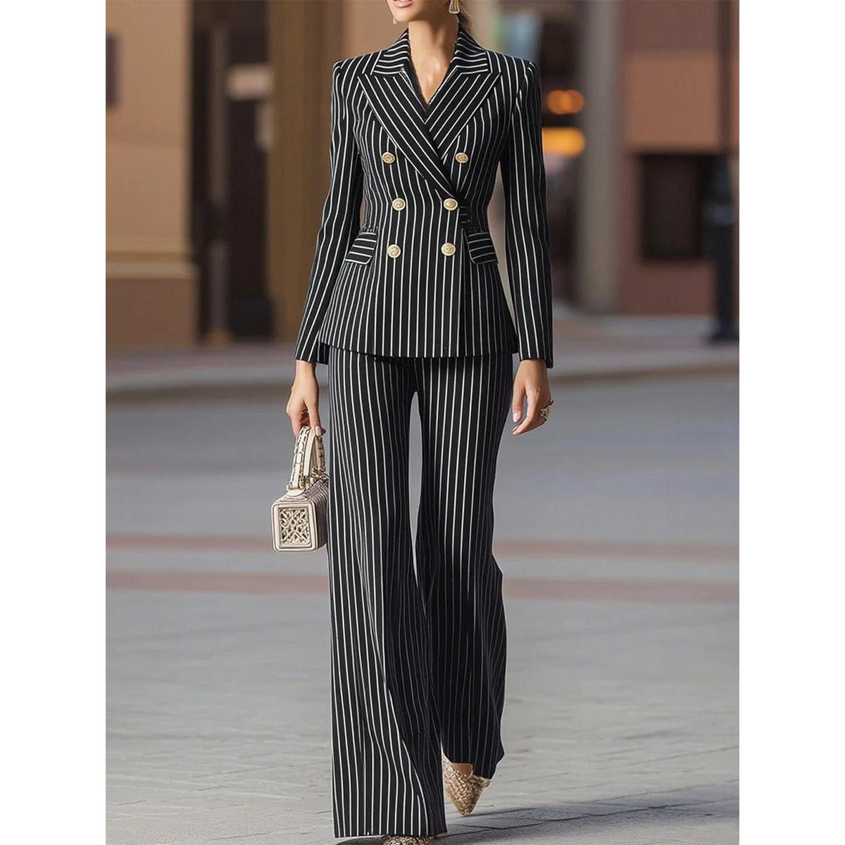 SoloveDress Women’s Navy Striped 2-Piece Double-Breasted Suit