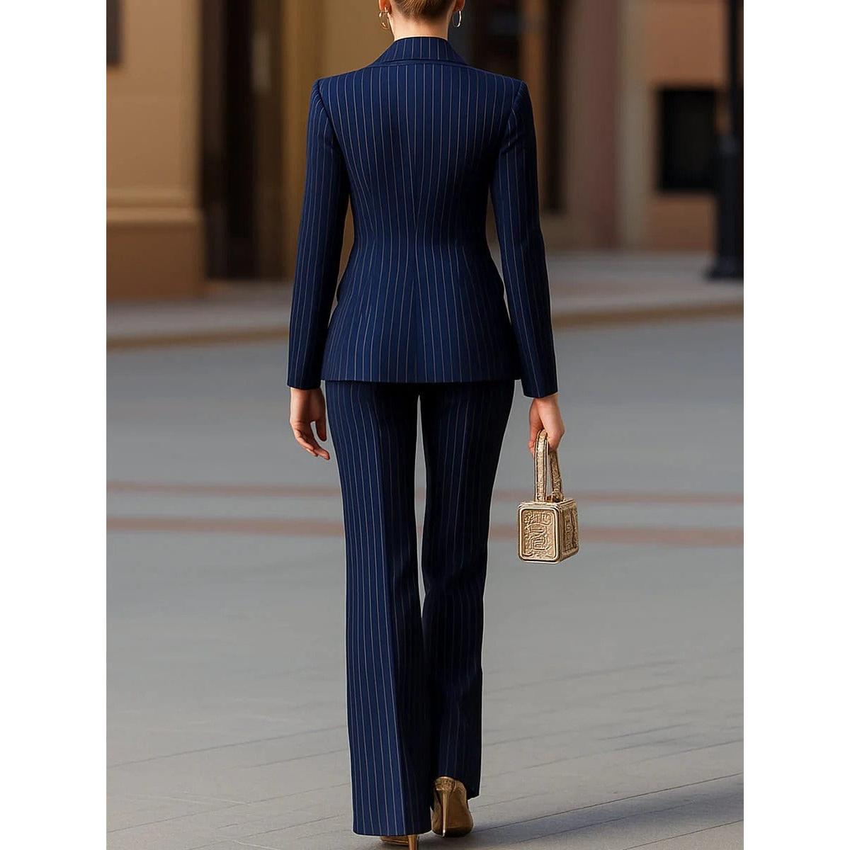 SoloveDress Women’s Navy Striped 2-Piece Double-Breasted Suit
