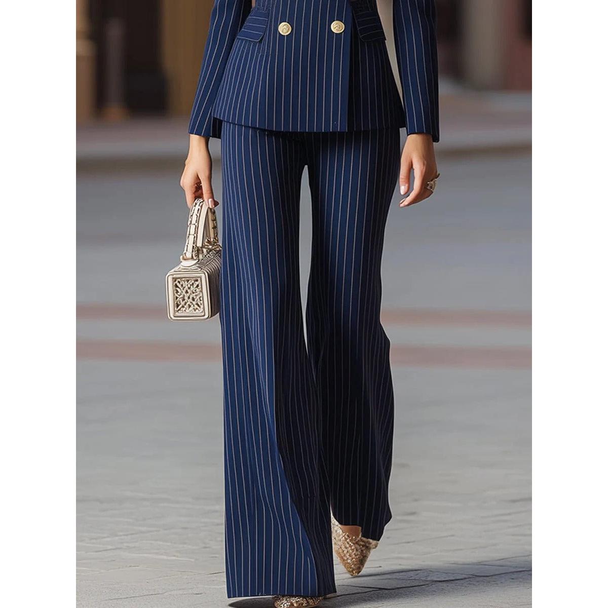 SoloveDress Women’s Navy Striped 2-Piece Double-Breasted Suit