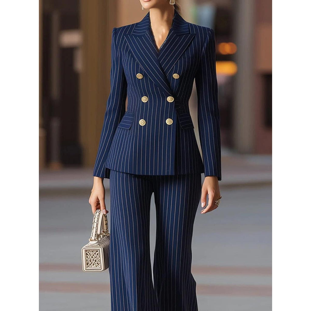 SoloveDress Women’s Navy Striped 2-Piece Double-Breasted Suit
