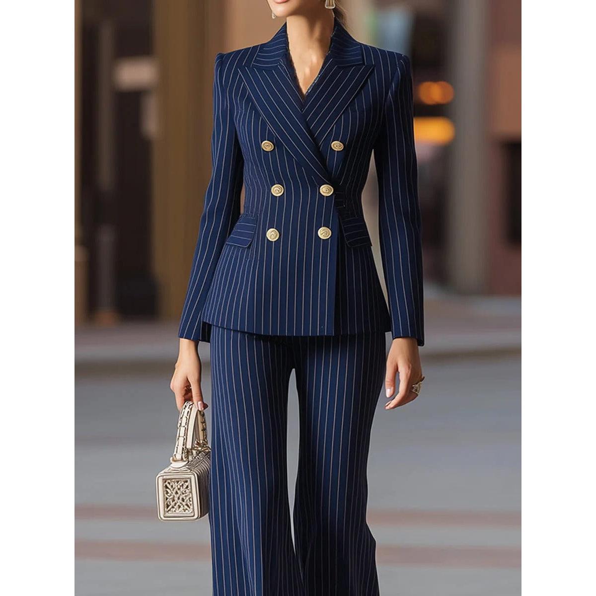 SoloveDress Women’s Navy Striped 2-Piece Double-Breasted Suit