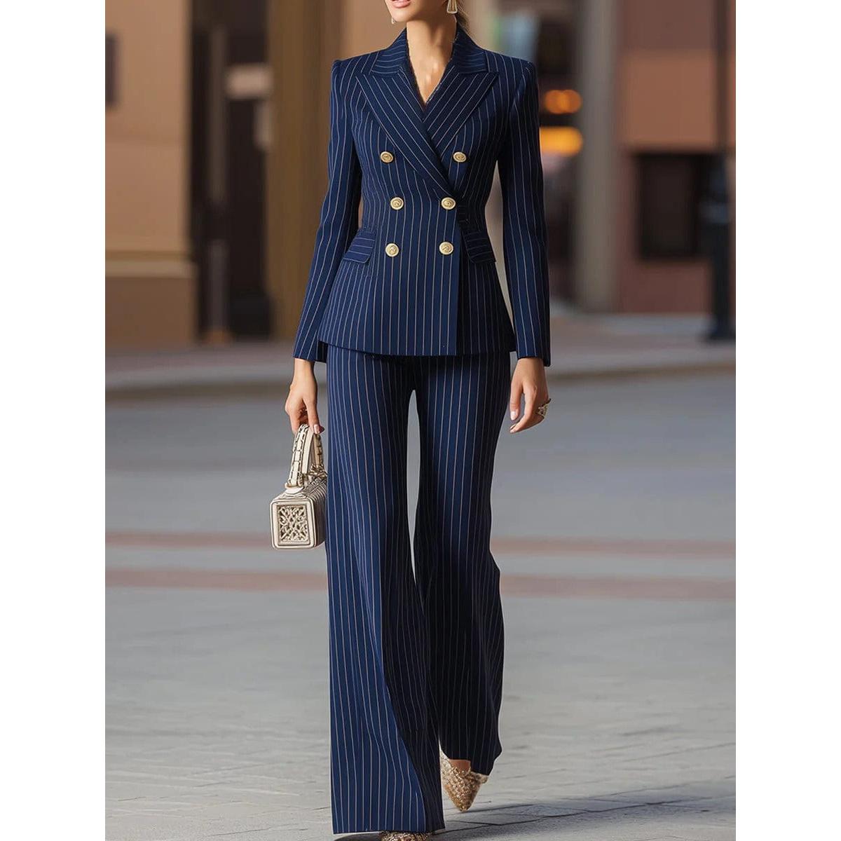 SoloveDress Women’s Navy Striped 2-Piece Double-Breasted Suit